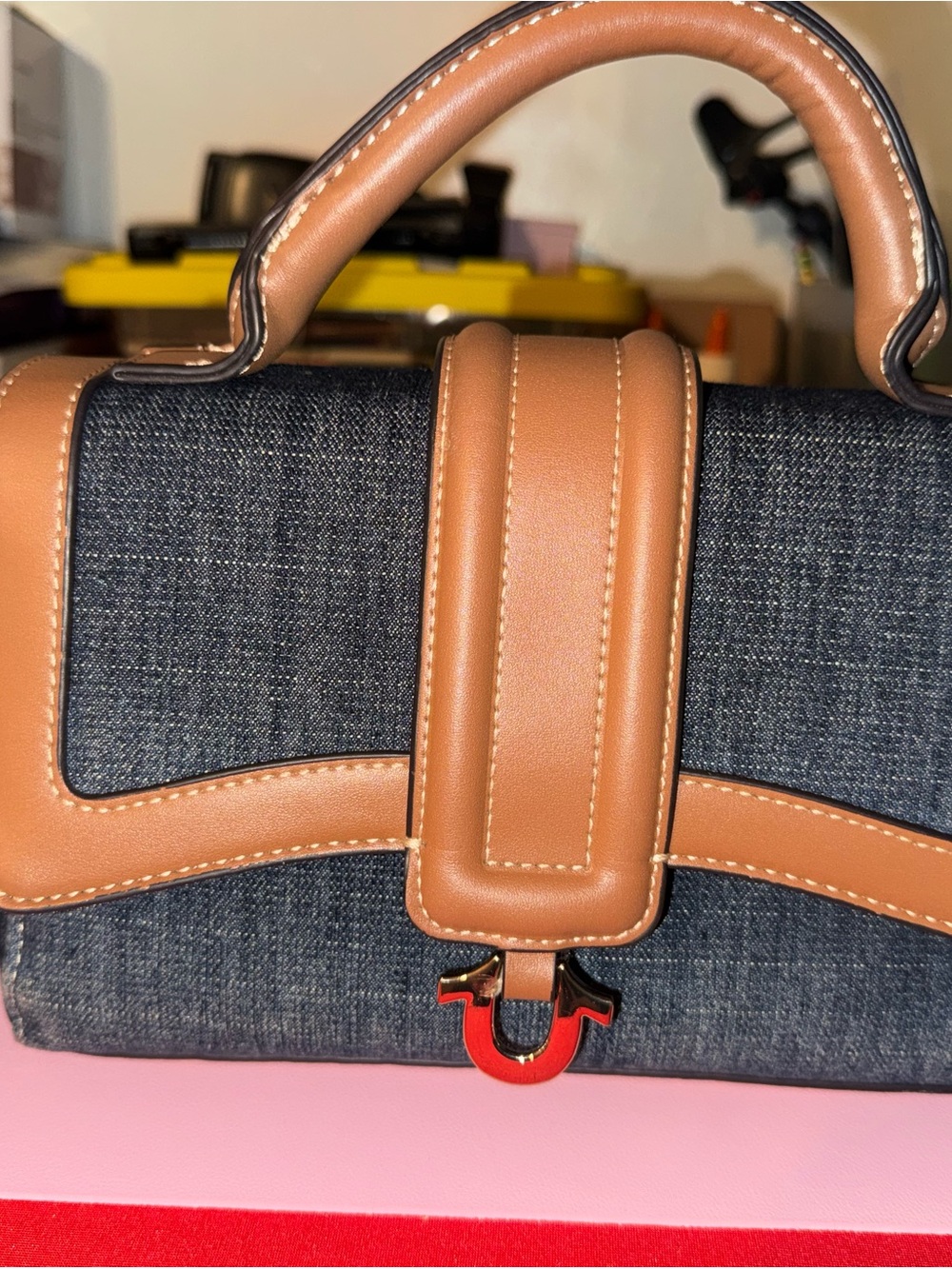 True Religion Structured Denim and Tan Top-Handle Bag
